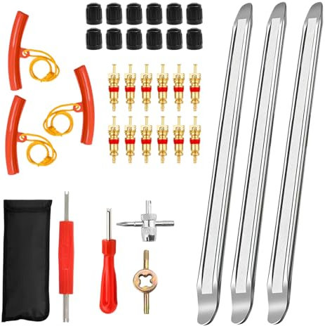 Ftrule 35 pcs Reifenheber Reifen Montiereisen, Reifenmontierhebel 30 cm, Reifenmontage Werkzeug, Montierhebel Reifen, mit 3 Felgenschützern, Reifenventil Kit, für Fahrrad, Motorrad, Auto