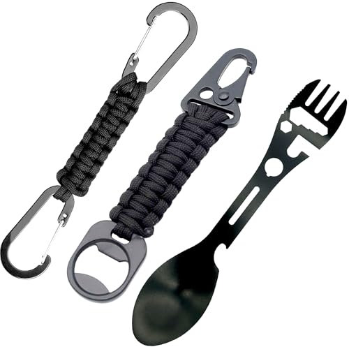3 Pieces Outdoor Tools Set, Braided Paracord Keychain Carabiner Clip; Eagle Hook Bottle Opener; Multifunctional Camping Fork Spoon, for Water Bottle, Key, Backpacks, Opening Cans, Stainless Steel