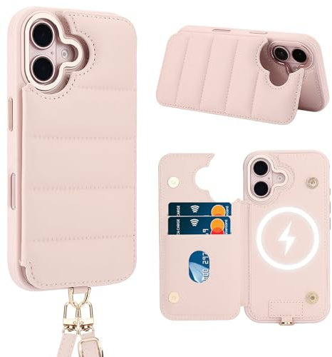 Butnyeoe Crossbody Wallet Case for iPhone 16(6,1) with Card Holder Magnetic Charging Kickstand,Flip Leather Phone Case,RFID Blocking Protective Cover,Wrist Strap Lanyard Handbag,Pink