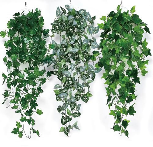 ZXJLWR 3 Stück Fake Plant, 100cm Kunstpflanze Hängend, Kunst Efeu, Künstliche Pflanzen Indoor, Natürliche Efeu Künstlich, Greenery Dekor Kunstpflanzen Hängend Für Balkon Garten Wohnzimmer