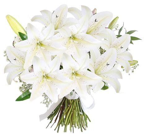 Lot de 5 lys artificiels à tige courte avec 12 têtes de fleurs florales et 5 bourgeons pour maison, mariage, bureau, fête, festival (blanc)