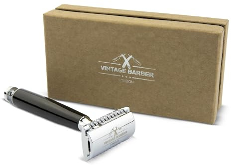 Safety Razor Double Edge | Chrome and Black Handle | Traditional Wet Shaving Elegant Style | Eco-friendly | VINTAGE BARBER LONDON