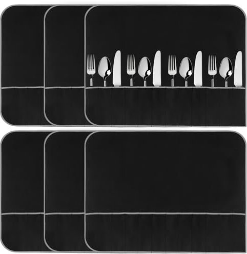 Nangua 6 Pieces Anti-tarnish Silverware Protective Bag, Black Silver Protection Roll with White Ribbon, Tableware Protector Cloth Placement Roll, Silverware Flatware Storage Organizer