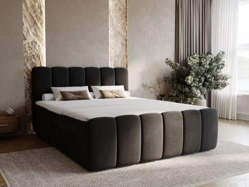 GRAINGOLD Cloud Bett 180x200, Boxspringbett mit Bettkasten, Polsterbett mit Bonell-Matratze, Samt Stoff, mit Topper, mit Kopfteil (Schwarz, 180x200)