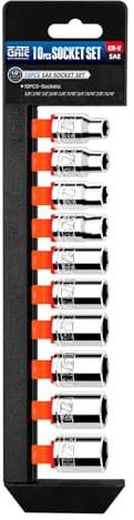 pgroup 10PCS 1/2” Drive Shallow Socket Set, SAE (3/8-15/16), 6-Point, Cr-V Steel, Full Polished Chrome Plated Socket With Hanging Bracket, Cover Most Commonly Sizes