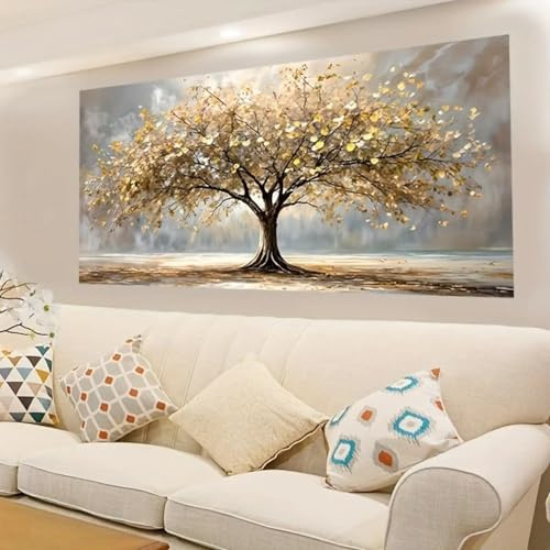 TONGYINLI Großer abstrakter goldener Lebensbaum, Leinwandbild, Wandkunst-Poster, Schlafzimmer, Wohnzimmer, moderne Wohnkultur, Kunstwerk, 70 x 140 cm, rahmenlos