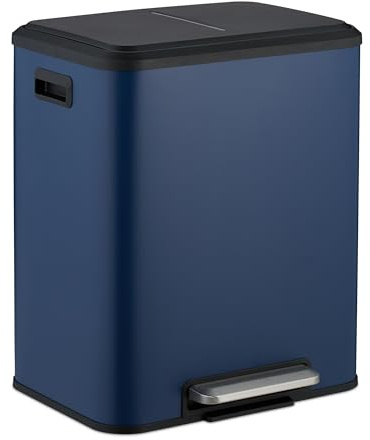 Relaxdays Kitchen Bin, 2 Compartments, 15 Litres Each, Inner Buckets, Foot Pedal, Recycling Dustbin, Soft-Close, Blue