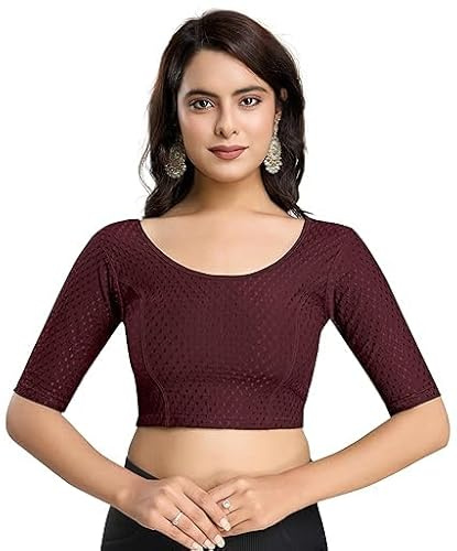Accessorize Kingdom Women's Dobby Pure Cotton Elastin Stretchable Readymade Round Neck Elbow Length Sleeves Blouse Choli Stylish Saree Blouse (Wine, 38-42)