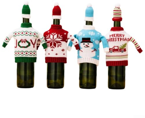 4pcs Christmas Knitted Wine Bottle Sweaters with Snowman Pattern for Holiday Party Decoration and Festive Wine Presentation on