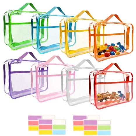 8 Pack Toy Storage Bags, PVC Clear Storage Bags with Handle and Zips, with 4 Label Stickers,Reusable Waterproof Toy Bag for Building Blocks, Puzzles, Board Games (12.3x4.5x9.1 Inch)