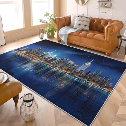 Nachtansicht Von New York City Flanell Kurzflor Teppich 80x150 cm Teppich mit Rutschfestem TPR-Rücken Blau Weich Antirutsch Moderner Maschinenwaschbar für Wohnzimmer Schlafzimmer