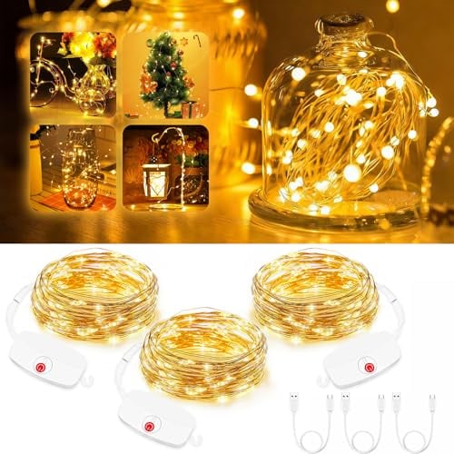 Artrastar 3 Stück Mini Aufladbare Lichterkette Timer, 3M 30LED 8 Modus | Timing USB-C wiederaufladbar, wasserdicht,für Innen & Außen, Zimmer, Hochzeit, Weihnachten, Party(Warmweiß)