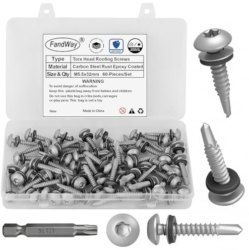 60 Pièces Torx Vis Autoforeuse Metal, M5,5x32mm Vis à Tôle Autotaraudeses de Toiture et Autoperforante Acier Carbone Torx Tête Ronde Avec Rondelles EPDM pour Alu Bois Tôle Plastique.Avec 1 TX30.