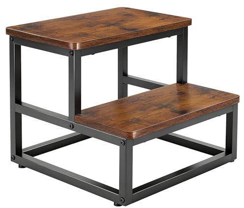 ROTTOGOON Step Stool 2 Steps for Adults Children, Non-Slip, up 200kg, Brown | Wooden Metal, Waterproof, Heavy Duty, Rounded Corner Design, for Kitchen, Bathroom, Bedroom, Caravan, Garden, Easy to Clean