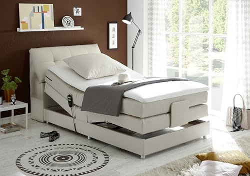 CARPINO Boxspringbett 120x200 elektrisch verstellbar, Creme - Bequemes Einzelbett mit dekorativer Steppung und Komfortschaum Topper - 120 x 110 x 234 cm (B/H/T)