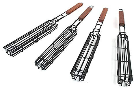 ZYYF 4 Stück BBQ Langgriff-Grillkorb Grillrost, Antihaft-Einzelkabob-Körbe, Gemüsegrillkorb, Wurstgrillkorb, Kabob-Kebab-Grillkörbe