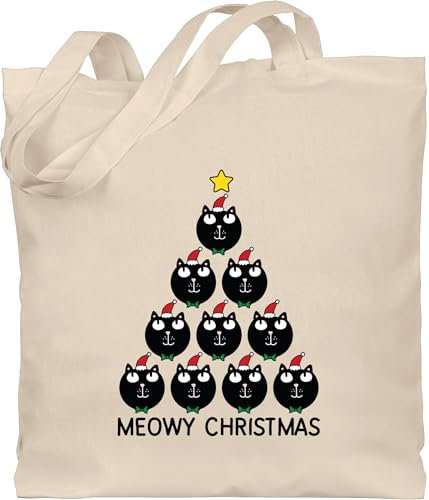 Baumwolltasche - Weihnachten Geschenke Bekleidung - Meowy Christmas - Katzenbaum - Unisize - Naturweiß - geschenk katzenliebhaber jutebeutel gross weihnachtlich weihnachtsmotiv katze stofftasche