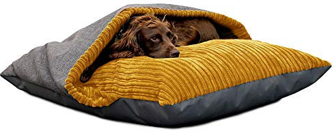 rucomfy Fibre-Filled Medium Burrower Calming Dog Bed with Comfort Blanket - Machine Washable Jumbo Cord Pet Bed with Water Resistant Base - 70 x 85 x 20cm (Mustard)