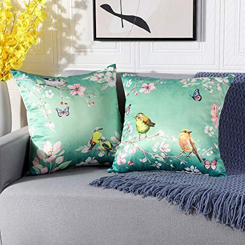 Artscope Weiche Faux Seide Kissenbezuge, 2er Set Retro Vogel Blume Muster Kissenhüllen Kissen Fall für Sofa Auto Schlafzimmer (45x45cm, Grün)