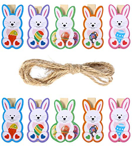 PRETYZOOM 40 Stücke Holzklammern Kleine Wäscheklammern Ostern Hasen Figur Ostereier Osterhasen Mini Zierklammern Ostern Klammern Basteln Foto Clips mit Hanfseil für Fotowand Handwerk Geschenke