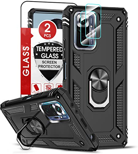LeYi Funda para Xiaomi Redmi Note 10 Pro/Redmi Note 10 Pro MAX con 2 Piezas Vidrio Templado y 2 Piezas Protectores Lente Cámara,Armor Carcasa 360 Anillo Soporte Hard PC Silicona Bumper Case,Negro
