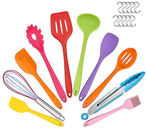 Silicone Kitchen Utensil Set, Homikit 10 Piece Non-Stick Cooking Utensils with 10 Hooks, Heat Resistant Kitchen Tools Include Cooking Spoon Spatula Turner for Cookware, Dishwasher Safe, Multicolor