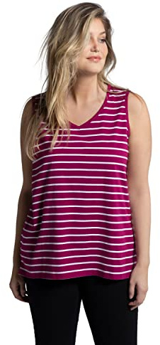 Ulla Popken Damen große Größen Übergrößen Plus Size Top, 2er-Pack, Ringel/Uni, V-Ausschnitt, ärmellos magnolienrot 50+ 792183820-50+