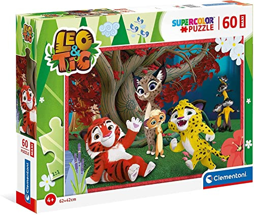 Clementoni - 26104 - Supercolor Puzzle Leo & Tig - Puzzle 60 Teile Ab 4 Jahren, buntes Kinderpuzzle mit besonderer Leuchtkraft & Farbintensität, Geschicklichkeitsspiel für Kinder