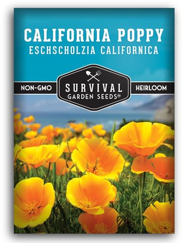 Survival Garden Seeds - California Poppy Seeds for Planting - 1 Packet with Instructions to Grow Eschscholzia Californica Plants in Your Home Flower Garden - Non-GMO Heirloom Wildflower Variety