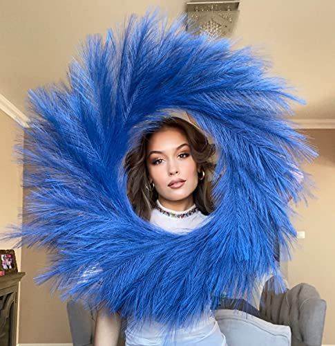 VOULUX Fluffy Artificial Large Faux Pampas Grass Wreath 27 Blue Modern Feather Boho Wreath Indoor Wreaths Farmhouse Wreath Wall Decor Baby Sea Grass Fall Wheat Wreath Blue Wreaths For Front Door