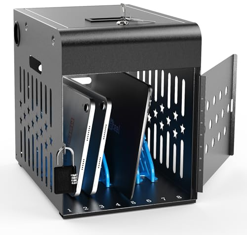 Meteteel 8 Tablet Charging Station Lock Box for Chromebook iPad Black | Fully assembled, up to 14-in devices, steel lock box, key security, wall/desktop mount, ventilation, 8-outlet power strip
