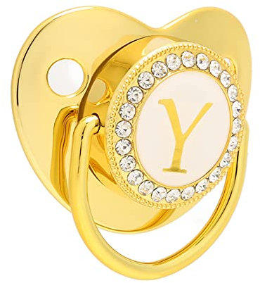 Goldener Baby-Schnuller, 26 Buchstaben, gebogenes Design, Silikon-Bling-Baby-Schnuller mit Clips für 6 bis 18 Monate Baby Y