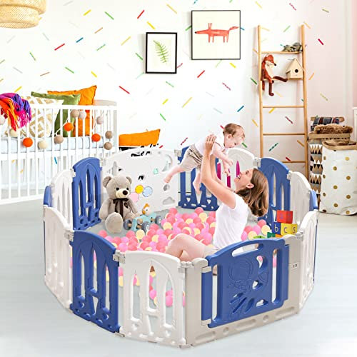 LARS360 Baby Laufgitter mit Tür und Spielzeugboard Laufstall Aktivität Baby Absperrgitter Faltbar Krabbelgitter aus Kunststoff Baby Playpen Safety Gate 14 Panel Schutzgitter für Baby Kinder