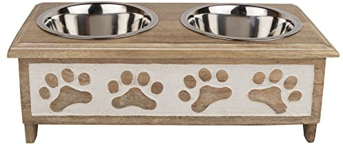GoCraft Raised Dog Bowls for Small Dogs – Whitewashed Wooden Elevated Feeder Stand in Modern Farmhouse Style with 2 Stainless Steel Bowls for Pet Food & Water