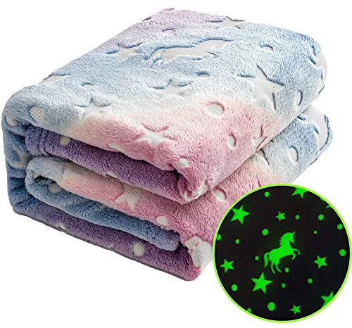 PAEOYC Babydecke Einhorn Stern Mond Grau Blau Pink Weiche Komfort Mikrofaser-Flanell-Decke Kinderdecke Leuchten im Dunkeln Plüschdecke Fleecedecke Flausching Weiche Wohndecke (Pink blau, 100 x 150cm)
