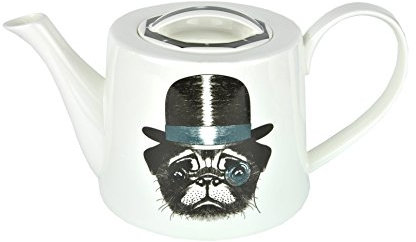 MamboCat Jameson & Tailor Teekanne HUND MIT HUT UND LUPENGLAS, 1,25 L, Kanne Brillantporzellan, Kunst-Dekor, Hundemotiv
