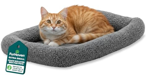 FurHaven Dog Bed for Extra Small Dogs & Cats, Bolster Crate Pad with Soft Supportive Base for Carriers & Kennels, Machine Washable, Extra Small, Sherpa Fleece, Gray