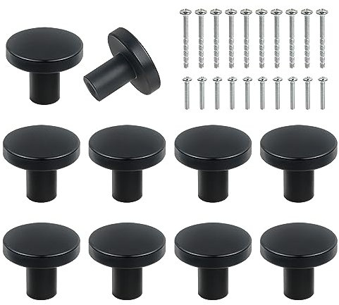 Realure 10 Pièces Bouton De Meuble Noir avec 20 Des Vis, Bouton De Porte Rond, Boutons De Tiroir un Seul Trou, Poignee De Meuble pour Commode, Armoire, Placard, 20 * 25mm (Noir)