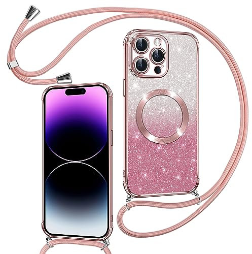 Phoona Handyband Hülle für iPhone 14 Pro Max mit Band [kompatibel mit MagSafe], Luxuriöse Glitzer Beschichtung Magnetische Handyhülle für iPhone 14 Pro Max Silikon TPU Stoßfest Schutzhülle, Rosa