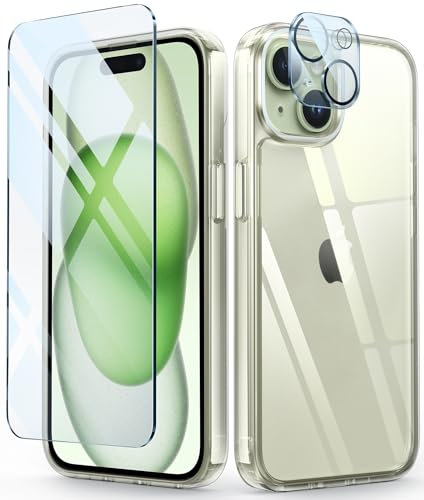 FNTCASE Defender Clear iPhone 15 Case with Camera Lens Protector - Drop Protection, Anti Yellowing, Shockproof - 6.1 Inch - Clear
