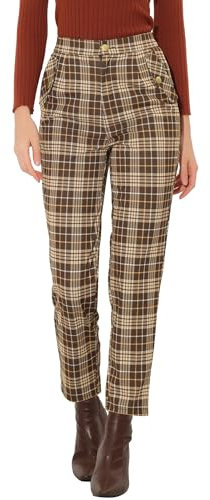 Allegra K Damen Vintage Tartan Plaid Hosen Elastische Taille Gerade Lange Hosen, Braun/Beige, M