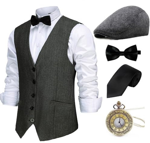 Gionforsy 20er Jahre Herren Wollartige Weste Kostüm Zubehör Set mit Hut Weste Fliege Krawatte Taschenuhr Gangster Accessoires Set für Great Gatsby Motto Party Halloween Karneval Fasching (Schwarz, L)