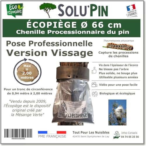 Piège Chenille Processionnaire du Pin – pour Tronc Jusqu’à 2,10 m – Kit Complet Écopiège Professionnel SoluPin Ø 66 cm à Vissage – Cerclage Réutilisable sans Insecticide – Conçu et Fabriqué en France