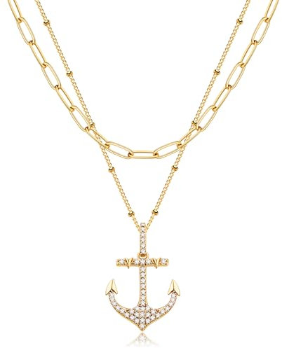 Jenosy Kette Layered Damen Anker Kette Gold Personalisierte Anker Kette Damen Zarte Halskette mit Anker Anhänger Damen Hypoallergene 18K Vergoldete Kette Modeschmuck für Frauen und Mädchen