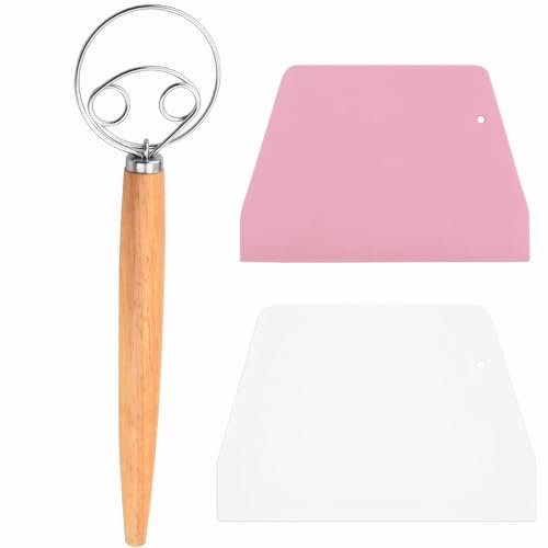 LINXINS Danish Dough Whisk, 1PCS 13Inch Stainless Steel Magic Dough Whisk and 2PCS Dough Scraper, Dough Kneading Tool for Dough Bread Cake Pizza and Biscuits