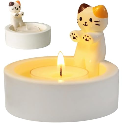 Quixotical Katzen Kerzenhalter, Cartoon Kätzchen Teelichthalter, Niedliche Katzen Stumpen Kerzenhalter, für Katzenliebhaber, Wohnzimmer und Schlafzimmer Deko Tischdeko (B)