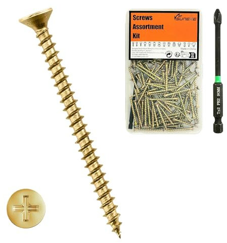 Suneke 60 Stück M4.2mm X 80mm Hohe Härte Trockenbauschrauben, Zink, Grobgewinde, Flachkopf, Holz-Schrauben mit Organizer Box & 1 PH2#2 Langer Bit