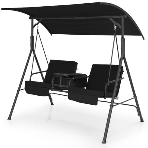 COSTWAY Balancin Jardin Exterior de 2 Personas, Bolsa Térmica, Columpio de Jardín con Toldo Ajustable y Cojines Extraíbles, Balancin de Jardin Balcón Patio, 181 x 124 x 161,5 cm (Negro)