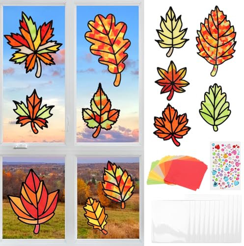 MONCAP 12 Stück Herbst Basteln Kinder Ahornblatt Bastelset Herbst Papierbastelset Kreativsets Herbstdeko Kreative DIY Herbst Fensterbilder Kunst und Handwerk für Mädchen Jungen Herbst Party Geschenk