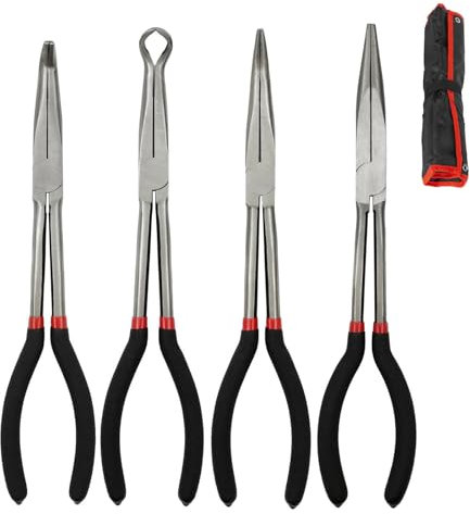 Set di 4 pinze a becco extra lungo, pinze a becco lungo 27,9 cm con impugnatura comoda isolata, pinze dritte a becco lungo, pinze a becco curvo a 45 e 90 gradi, pinze circolari per lunghe distanze